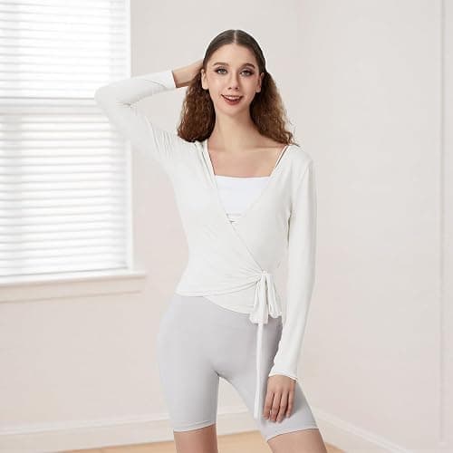 Women Ballet Wrap Top Long Sleeve Self Tie Dance Shirt Pilates Yoga Tops Y2k Workout Active Blouses thumbnail 4