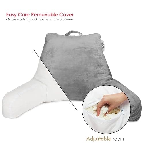 Nestl Reading Pillow Standard Bed Pillow, Back Pillow for Sitting in Bed Shredded Memory Foam Chair Pillow, Reading & Bed Rest Pillows Grey Back Pillow for Bed, Bed Chair Arm Pillow with Pockets - Standard - 07 - Dark Grey thumbnail 4