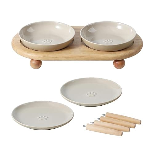 Havniva Raised Ceramics Wide Whisker Friendly Cat Dishes, Food& Water Bowl with 2 Style Stand Adjustable Anti-Choking Raised Pet Bowl Set, Anti Whisker Fatigue(2Dish+2Shallow Dish+Stand - Image 1