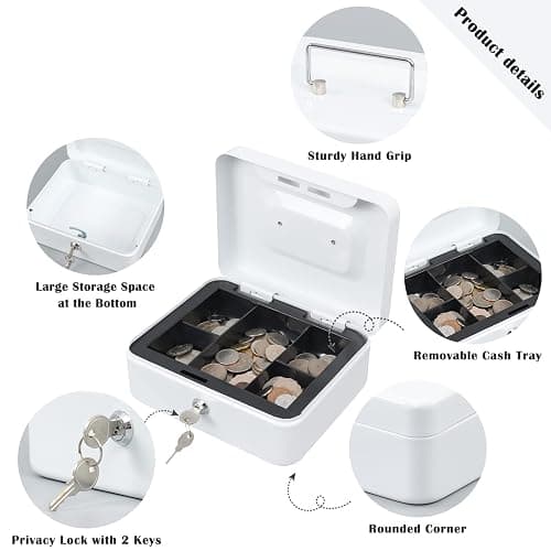 xydled Locking Steel Medium Cash Box with Removable Coin Tray and Key Lock,7.87"x 6.30"x 3.54",White thumbnail 7