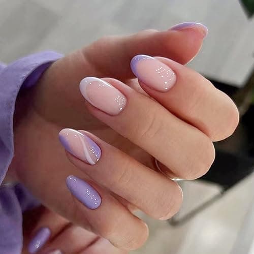 JUSTOTRY 24 Pcs Almond False Nails Short, Lilac French Fake Nails with Wavy, Nude French Stick on Nails Short, Oval Press on Nails for Women, Nails Fake Nail for Nails Art - Image 1