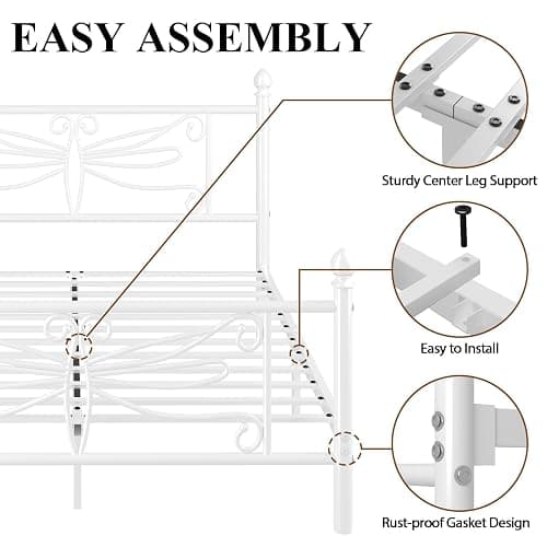 E-Ser Queen Size Bed Frame, Metal Platform Bed Frame with Dragonfly Pattern Headboard and Footboard, Strong Metal Slats Support, No Box Spring Needed, Easy Assembly, Noise-Free, White thumbnail 7