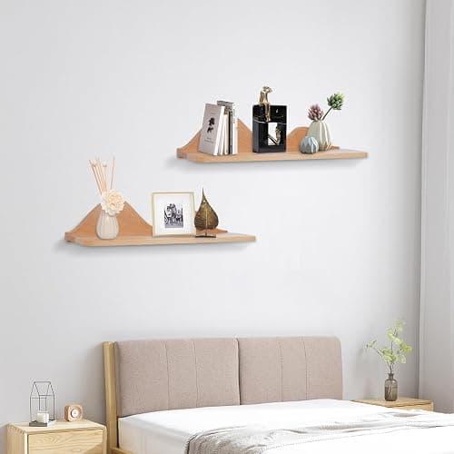 Wood Floating Shelves Wall Mounted Set of 2 for Wall Decor, Natural Wood Floating Shelves for Living Room/Bedroom/Kitchen Decor Storage (Natural) - Natural thumbnail 5