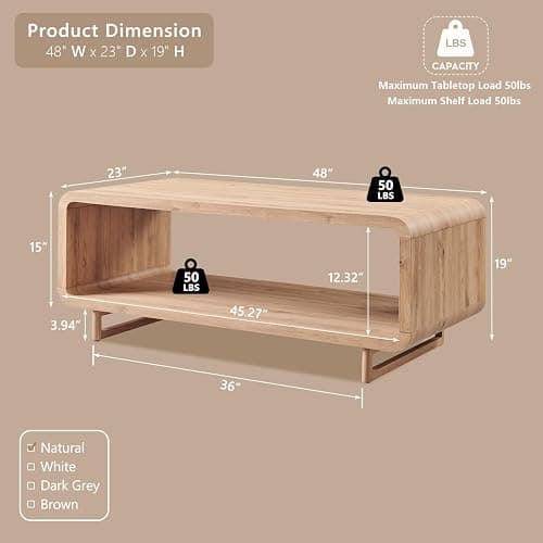 IFGET 48" Modern Coffee Table, 2-Tier Minimalist Center Table with Storage Shelf, Curved Profile Design, Wooden Rectangular Living Room Table w/Wood Thick Design for Living Room, Office, Natural Oak thumbnail 2