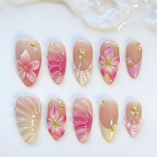 24Pcs French Tip Press on Nails Medium Almond Fake Nails with Gold Shell Starfish Rhinestones Summer False Nails Pink Hawaii Flower Acrylic Nail Cute Glue on Nails Floral Stick on Nail for Women - Image 1