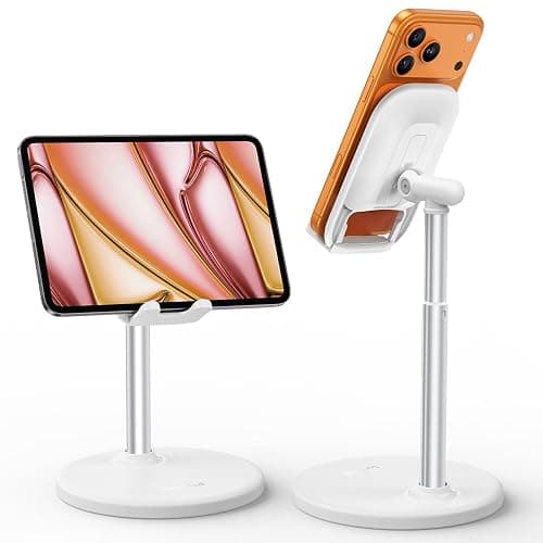 Lamicall Phone Tablet Stand for Desk - White Desktop Holder for iPad Kindle | Height Adjustable Sturdy Stand for Desk, Kitchen Counter & Office Accessories, Fits iPhone Tablets Tab Switch, 4-10" - Image 1
