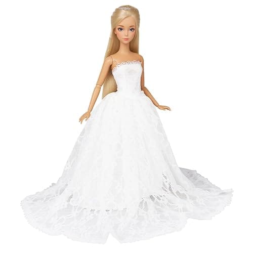 BARWA White Wedding Dress with Long Veil Evening Party Princess White Lace Gown Dress for 11.5 Inch Girl Doll thumbnail 3