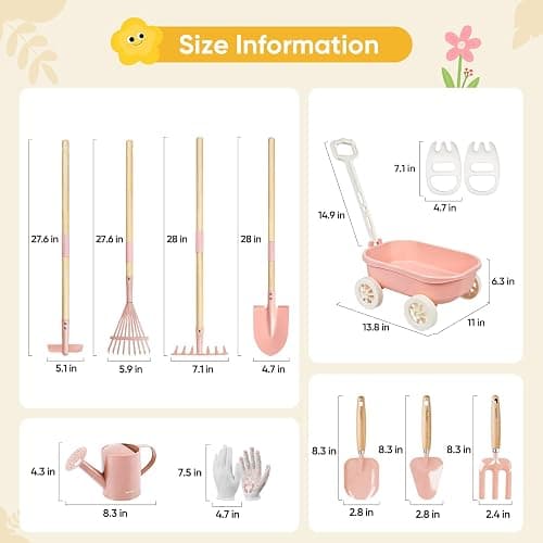 Grenebo Kids Gardening Set with Wheelbarrow, 11-Piece Outdoor Yard, Beach, STEM Garden Play Kit with Child-Sized Tools, Durable, Safe & Fun Gift Toy for Ages 2+ Kids Toddlers Boys Girls (Pink) thumbnail 2