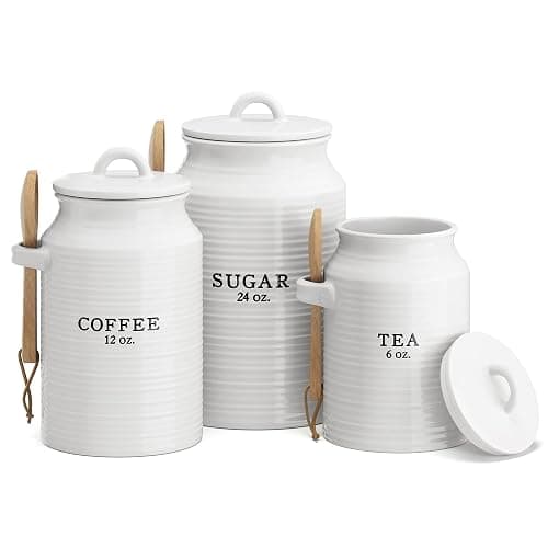 Barnyard Designs Canister Set for Kitchen Counter, Coffee Tea Sugar Container Ceramic Set, Decorative Canisters, Rustic Farmhouse Canister Jars, White (Coffee/Sugar/Tea) - Image 1