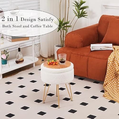 Cplxroc Footrest Footstools Round Faux Fur Ottoman with Storage Space Soft Vanity Chair Seat Coffee Table Ottoman Small Side Table Metal Legs with Adjustable Footings (Cream) thumbnail 5