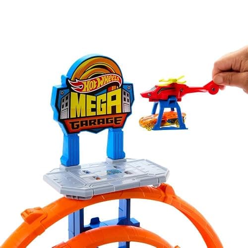Hot Wheels Toy Car Track Set with Die-Cast Car & Helicopter, 2 Loops, Storage for 36 1:64 Scale Vehicles, Speed Snap Adapters, Mega Loop Garage thumbnail 5
