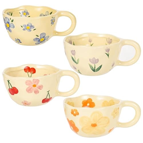 MAKCNMYM Ceramic Coffee Mug Vintage Flower Mugs 8 oz Cute Floral Coffee Mugs Irregular Latte Art Cup Lead-free Porcelain Cups for Cappuccino, Cocoa (4 Pack) - Image 1