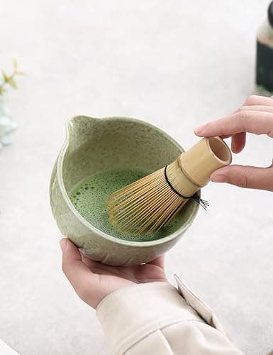 TANG PIN Matcha Set - Match Bowl with Spout and Whisk, 15 OZ, Matcha Scoop | Matcha Whisk Stand (Chasen Holder) - 4pc Perfect Matcha Kit for Matcha Tea Ceremony (Mottled Green) - Mottled Green thumbnail 4
