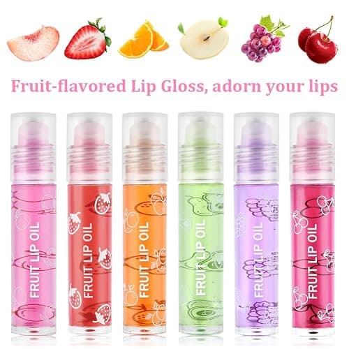 AOOWU 6 Pcs Hydrating Lip Oil Set, Fruit-Flavored Plumping Lip Oil, Long Lasting Lip Glow Balm Lip Care, Transparent Moisturizing No-Sticky Lip Gloss(Peaches,Orange,Avocado,Strawberry,Grape,Cherry)8ML thumbnail 3