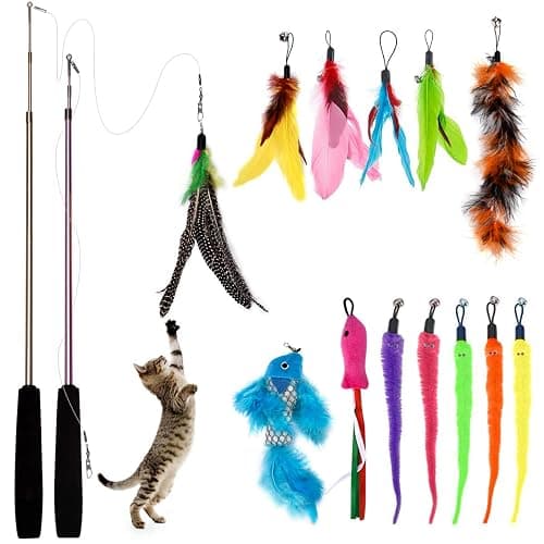 Bojafa Cat Toys for Indoor Cats Adult: Interactive Kitten Feather Wand Toys - 15Pcs Cat Teaser Toys - 15Pack - Image 1