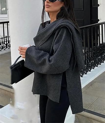 Col écharpe asymétrique pour Femmes Veste de Couleur Unie Mode Vintage élégant Automne et Hiver Haut décontracté à Manches Longues pour Femmes thumbnail 3