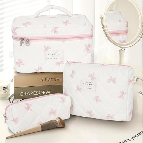 [3 Pack] Makeup Bag for Women Girls, Cute Cosmetic Bag,Travel Make Up Organizer Bag,Large Cotton Quilted Travel Cute Floral Make up Bag,Wide Open Portable Pouch (C-Pink) thumbnail 7