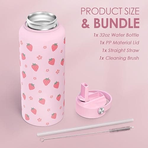 SANDJEST Strawberry Water Bottle 32oz Stainless Steel with Lid & Straw, Insulated Bottles for Women Girls, Gifts Ideas for Birthday Christmas thumbnail 5