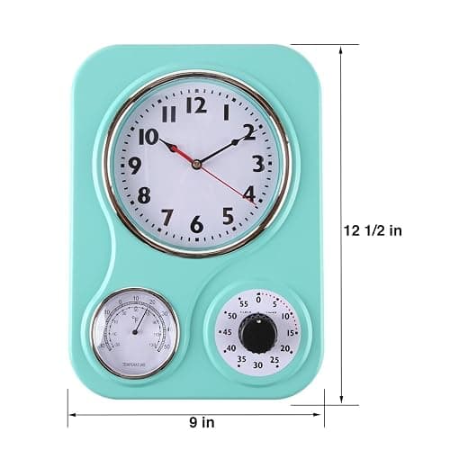 Lily's Home - 9.5 Inch x 12.5 Inch - Retro Kitchen Wall Clock, Vintage Wall Clock with a Thermometer and 60-Minute Timer, Ideal for Any Kitchen, Office, or Diner (Turquoise) thumbnail 3