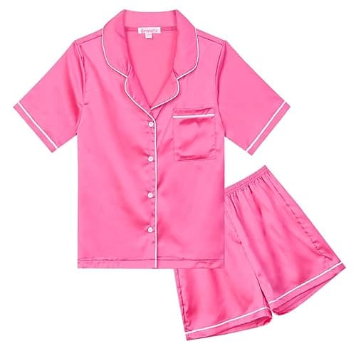 QPANCY Kids Satin Pajamas Sets Baby Boy Girl Button-Down Silk Sleepwear 2 Piece Short Sleeve Loungewear Clothes Set