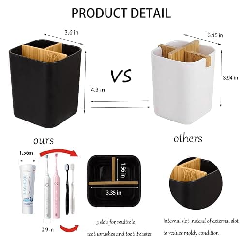 Bamboo Toothbrush Holder for Bathrooms, 3 Slots Toothbrush and Toothpaste Holder Bathroom Counter Organizer for Electric Toothbrushes, Floss, Razors - Black - Black - 3 Slots thumbnail 3