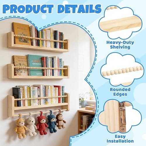 Nursery Shelves, ADDLIVE Floating Book Shelves, 40cm Kids Bookshelf, Wall Mounted Bookshelves Set of 3, Nursery Decor, Book Shelves for Wall With Hanging Rail for Kids Room, Bedroom, Bathroom and More thumbnail 3