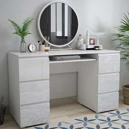 LSBIKE White Desk with 6 Drawers High Gloss Computer Desk Table Dressing Table with Drawers Home Office Writing Study Standing Desk with Storage Drawer 120x50x70cm (White) thumbnail 4