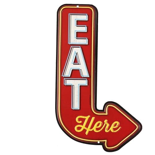 Eat Here Arrow Embossed Metal Sign - Image 1