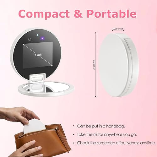 UV Camera for Sunscreen Test UV Mirror Sunscreen Camera, 3.8 Inch Rechargeable 2X Magnifying Vanity Mirror with Light Handheld Double-Sided Pocket Mirror for Skin Protection(White) thumbnail 6