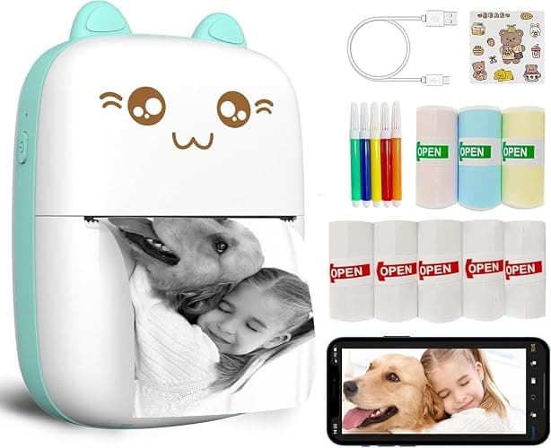 Mini Printer Portable, Inkless Sticker Printer with 8 Rolls Paper, Bluetooth Wireless mini Thermal Printer Compatible with iOS + Android for Journal, Memo, Photo, Print Pod Gifts for Girls Kids - Image 1
