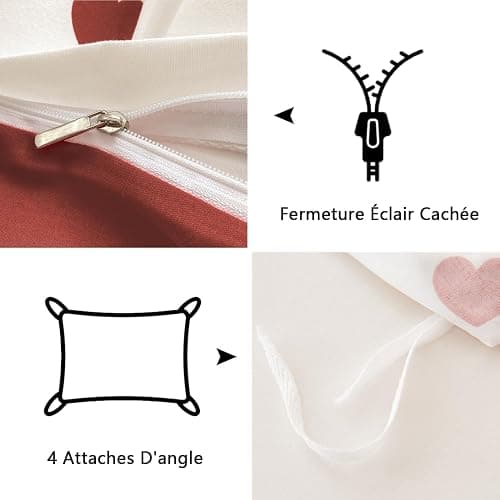Freyamy Housse de Couette 220x240cm+2 Taie d'oreiller 65x65cm Coeur Imprimé Rouge Blanc Parure de lit 2 Personnes Adulte Motif du Cœur Sets de Housse Couette en Microfibre avec Fermeture Éclair thumbnail 6