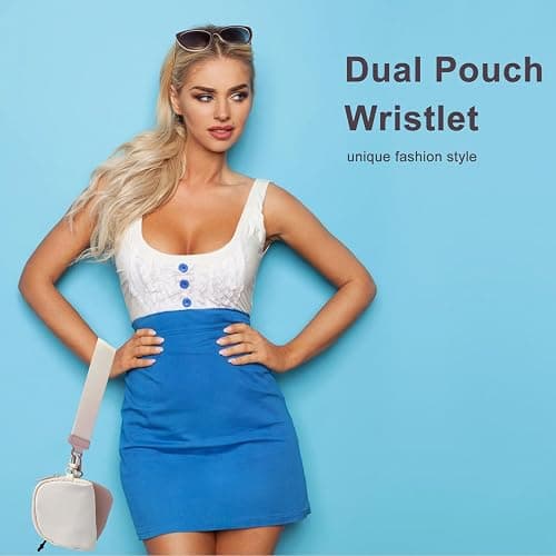 Mini Zip Around Keychain Wristlet Wallet for Women-2 Detachable Dual Pouch Women Coin Pocket Upgrated (Cream+Pink) thumbnail 5