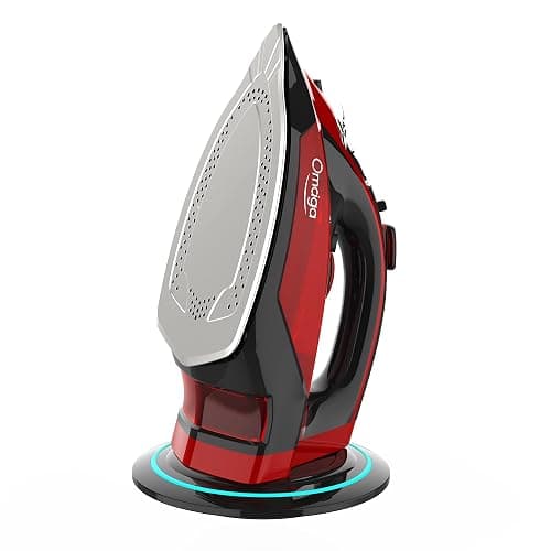 OMAIGA Cordless Iron for Clothes - 1500W Steam Iron with Non-Stick Ceramic Soleplate, Rapid Heating, Auto Shut Off, Burst of Steam, Self-Clean, Anti-Drip, Anti-Calc, 3 Temperature Settings, Red - Image 1