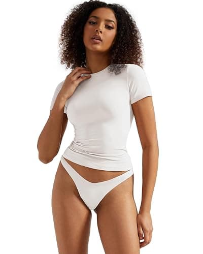 SUUKSESS Women Double Lined Fitted Basic Tee Crew Neck Short Sleeve Y2K Crop Top thumbnail 4
