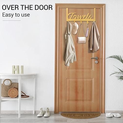 Azmoncy Over The Door Hooks, Towel Rack Towel Hooks for Bathroom, Towel Holder for Hanging Heavy Duty, Door Rack Over Door Hanger with 5 Coat Hooks for Bedroom Bathroom Kitchen（Light Gold） thumbnail 6