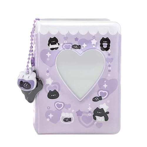 3 Inch Mini Photo Album, Heart Hollow Card Binder Photo Card Holder with Pendant 40 Pockets (purple black cat) thumbnail 4