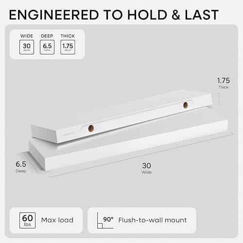 Homeforia 30 Inch Floating Shelves, High-End Solid Pine Wood, Set of 2 | Classic White Finish, Holds Up To 50 Lbs Per Shelf, Hidden Brackets, Hardware Included, 30 x 6.5 x 1.75 Inch thumbnail 2