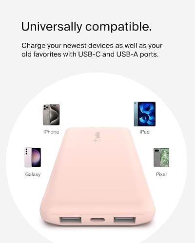Belkin 10000mAh portable power bank, 10K USB-C portable charger with 1 USB-C port and 2 USB-A ports, battery pack for up to 15W charging for iPhone, Samsung Galaxy, AirPods, iPad, and more - Rose Gold thumbnail 6
