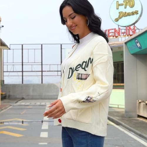 FindThy Women's Embroidered Heart Cardigan Sweater Button-Down Knitted Graphic Cardigan Coat Y2K Sweater with Pockets thumbnail 3