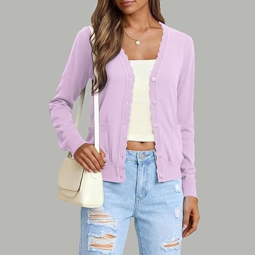 AGSEEM Womens Long Sleeve V Neck Button Up Lightweight Cardigan with Pockets Knit Open Front Sweaters thumbnail 2