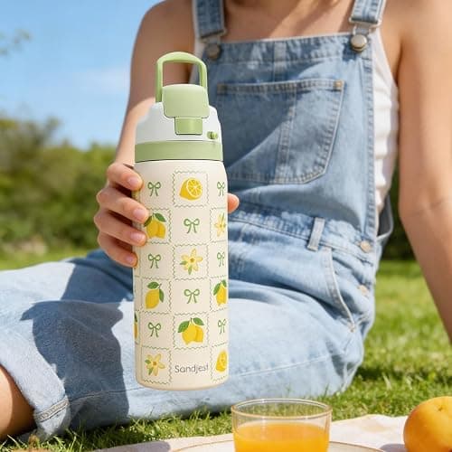 Lemon Stainless Steel Water Bottle, Vacuum Insulated, Push-Button Lid, 32 oz, Gifts for Women Girls Friends Teens Birthday Christmas thumbnail 2