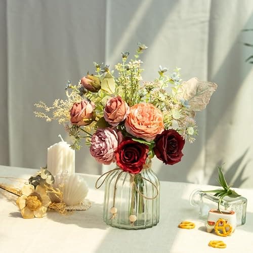LESING Fake Artificial Flowers with Vase Faux Silk Flower Bouquet in Glass Vase Rose Floral Arrangements Flower for Home Office Decoration, Dining Table Centerpiece (Red) thumbnail 4