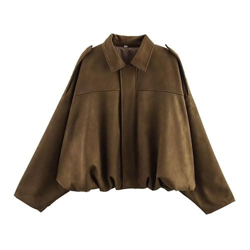 Xunger Women's Faux Suede Bomber Jacket Spring Lapel Pilot Coat Casual Oversized Long Sleeves Trendy Streetwear Outerwear - Image 1