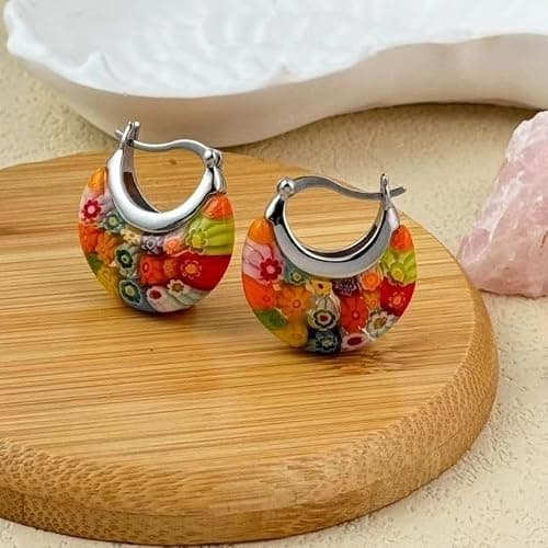 Murano Style Glass Hoop Earrings for Women Multicolored Dry Flower Moon Earrings Classic Stainless Steel Gift for Her thumbnail 9