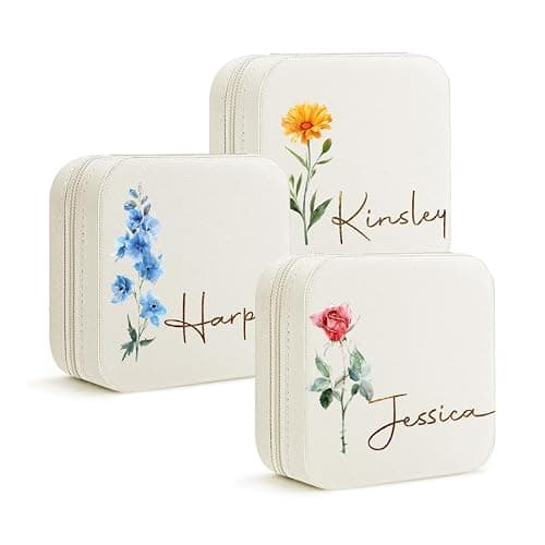DayOfShe Personalized Travel Jewelry Box with Name and Birth Flower,Stocking Stuffers for Women Girls,Custom Small Travel Jewelry Case Bridesmaid Proposal Gifts - Image 1