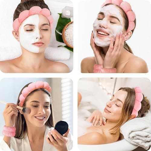 Spa Headbands for Washing Face Wristband Set Sponge Makeup Skincare Headband Wrist Towels Bubble Soft Terry Towel Cloth Hairband for Women Puffy Headwear Non Slip Thick Thin Hair Headwear (Peach pink) thumbnail 3