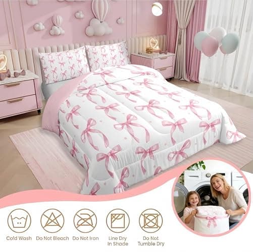 Erosebridal Cute Pink Bow Twin Bedding Set for Girls,Ribbon Bow Knot Comforter Set for Kids Kawaii Room Decor,Princess Bowknot Bed Set Girly Pink Bows Bedding Comforter Sets,1 Pillowcase thumbnail 6