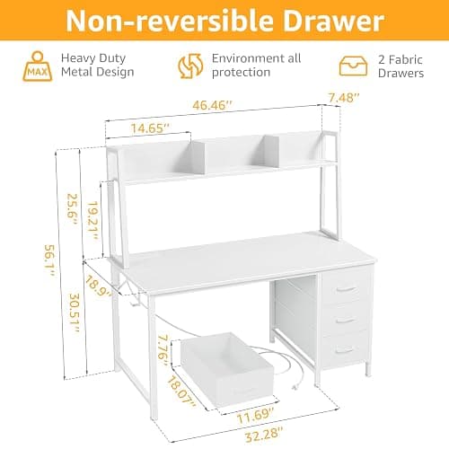 White Computer Desk with Hutch & Drawers - Office Desk with 3 Storage Drawers and Power Outlets, 47 Inch Modern Study Writing Desk for Bedroom Home Office - White - 47.2" thumbnail 3