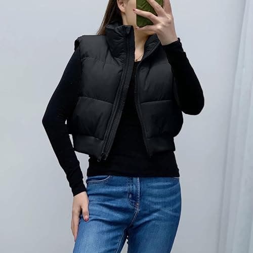 Shiyifa Women's Fashion High Neck Zipper Cropped Puffer Vest Jacket Coat thumbnail 4