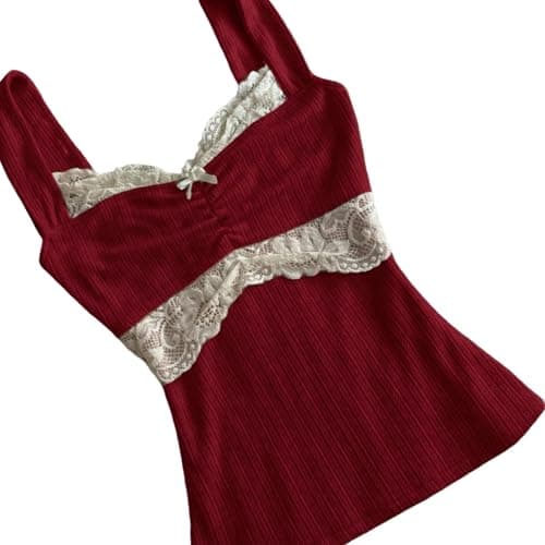 Women Fairy Grunge Tank Tops Vintage Aesthetic Lace Trim Cami Shirt Slim Fit Knit Ribbed Coquette Clothes thumbnail 3